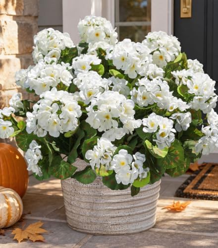 Artificial Geranium Fake Flowers for Outdoors Decoration, 6 Bundles Silk Geraniums White Flower UV Resistant