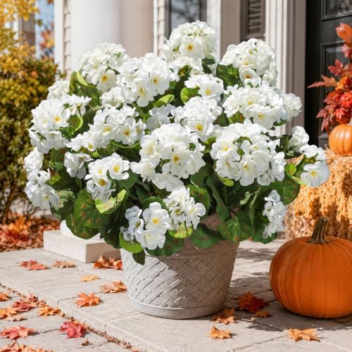 Artificial Geranium Fake Flowers for Outdoors Decoration, 6 Bundles Silk Geraniums White Flower UV Resistant, alternate view