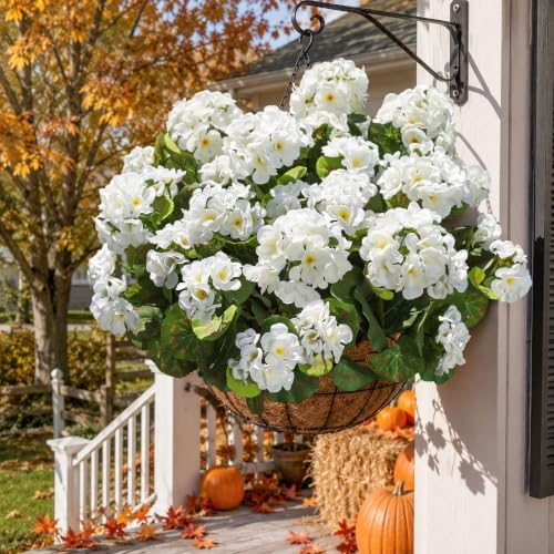 Artificial Geranium Fake Flowers for Outdoors Decoration, 6 Bundles Silk Geraniums White Flower UV Resistant, alternate view