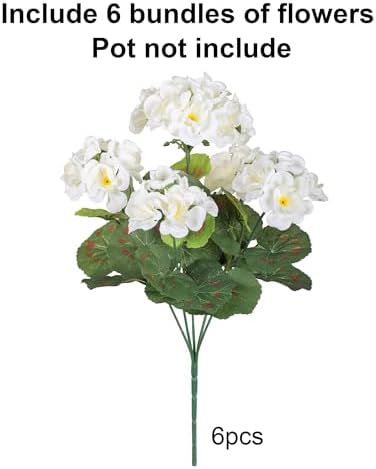 Artificial Geranium Fake Flowers for Outdoors Decoration, 6 Bundles Silk Geraniums White Flower UV Resistant, alternate view