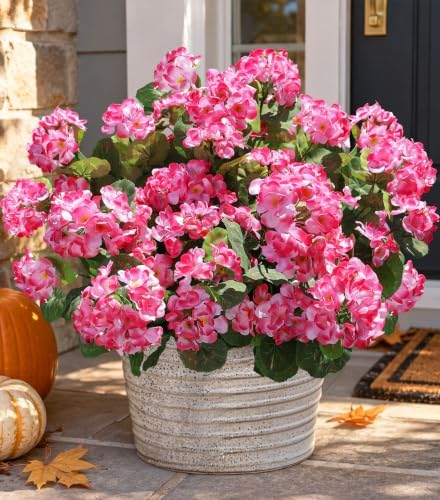 Artificial Geranium Fake Flowers for Outdoors Decoration, 6 Bundles Silk Geraniums Pink Flower UV Resistant Look