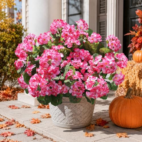 Artificial Geranium Fake Flowers for Outdoors Decoration, 6 Bundles Silk Geraniums Pink Flower UV Resistant Look, alternate