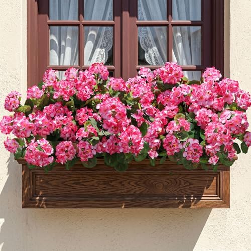 Artificial Geranium Fake Flowers for Outdoors Decoration, 6 Bundles Silk Geraniums Pink Flower UV Resistant Look, alternate