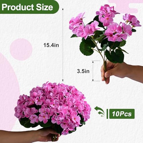 Artificial Geranium Flowers for Outdoor 10 Pcs Artificial Flower Fake Flowers with Stems Silk Realistic Look, alternate view