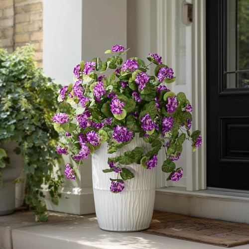Artificial Geranium Flowers for Outdoor 2 Pcs Artificial Purple Flower Fake Flowers with Stems Silk Realistic, alternate view