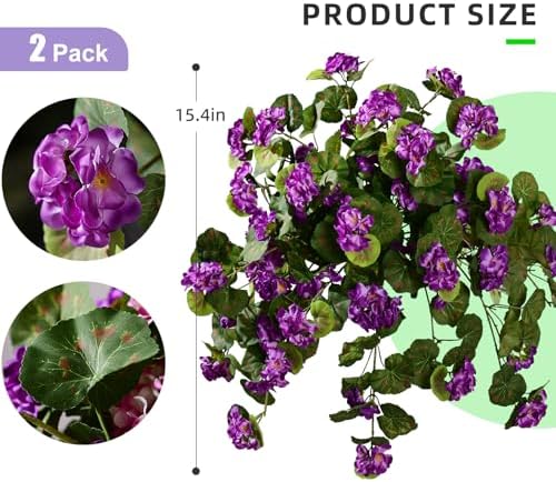 Artificial Geranium Flowers for Outdoor 2 Pcs Artificial Purple Flower Fake Flowers with Stems Silk Realistic, alternate view