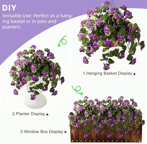 Artificial Geranium Flowers for Outdoor 2 Pcs Artificial Purple Flower Fake Flowers with Stems Silk Realistic, alternate view