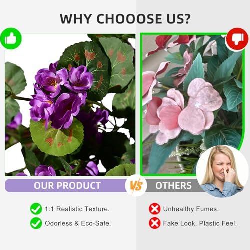 Artificial Geranium Flowers for Outdoor 2 Pcs Artificial Purple Flower Fake Flowers with Stems Silk Realistic, alternate view