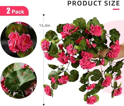 Artificial Geranium Flowers for Outdoor 2 Pcs Artificial Red Flower Fake Flowers with Stems Silk Realistic Look, alternate