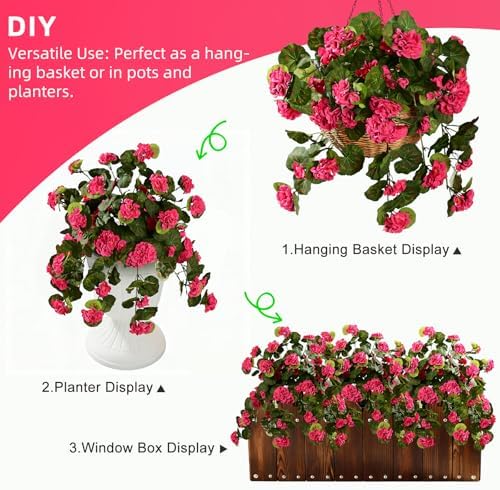 Artificial Geranium Flowers for Outdoor 2 Pcs Artificial Red Flower Fake Flowers with Stems Silk Realistic Look, alternate