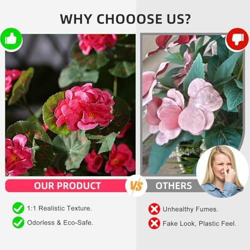 Artificial Geranium Flowers for Outdoor 2 Pcs Artificial Red Flower Fake Flowers with Stems Silk Realistic Look, alternate