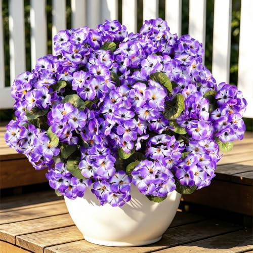Artificial Geranium Flowers for Outdoors, UV Resistant in Purple & White