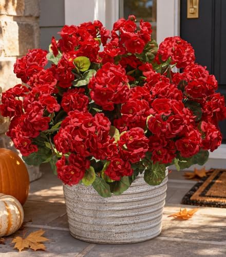 Artificial Geraniums Fake Flowers for Outdoors Decoration, 6 Bundles Silk Geraniums Red Flower UV Resistant Look