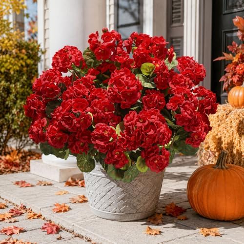 Artificial Geraniums Fake Flowers for Outdoors Decoration, 6 Bundles Silk Geraniums Red Flower UV Resistant Look, alternate