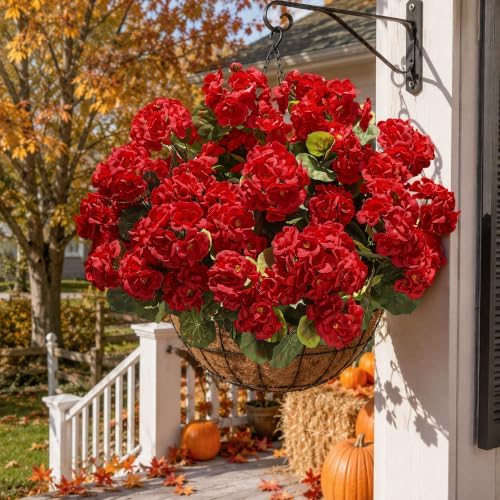 Artificial Geraniums Fake Flowers for Outdoors Decoration, 6 Bundles Silk Geraniums Red Flower UV Resistant Look, alternate