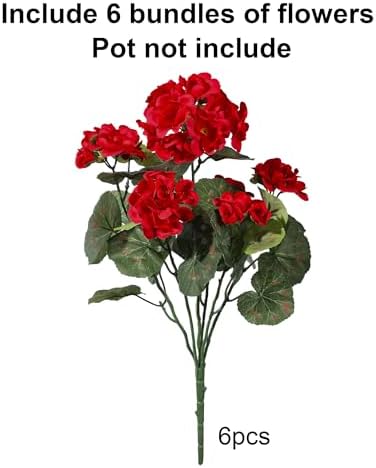 Artificial Geraniums Fake Flowers for Outdoors Decoration, 6 Bundles Silk Geraniums Red Flower UV Resistant Look, alternate