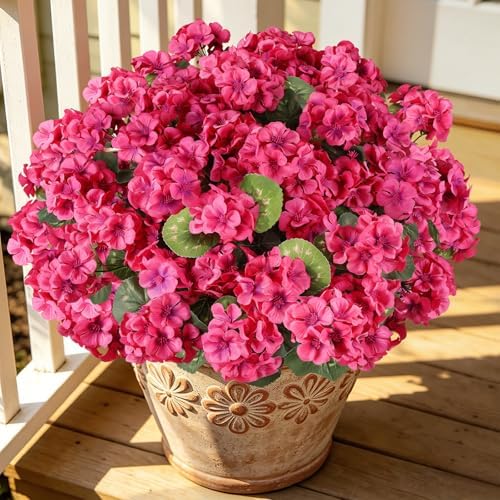 Artificial Geraniums for Outdoors, 6PCS Fake Silk Flowers, Rosy