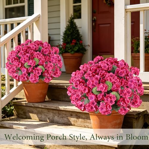 Artificial Geraniums for Outdoors, 6PCS Fake Silk Flowers, Rosy, alternate view 3