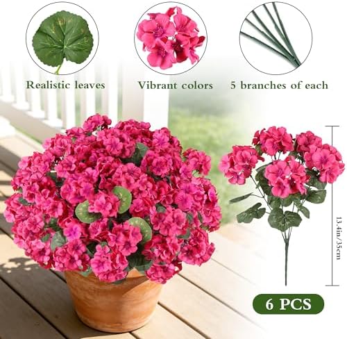 Artificial Geraniums for Outdoors, 6PCS Fake Silk Flowers, Rosy, alternate view 5