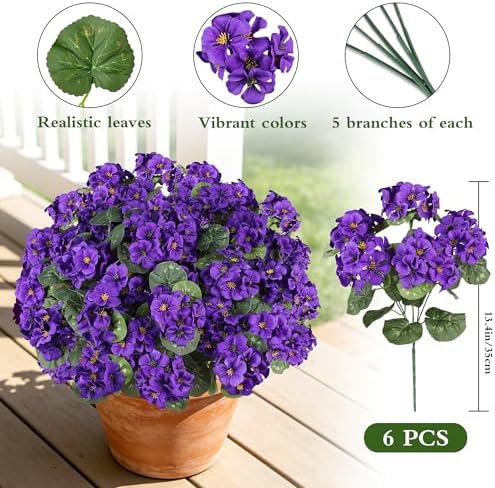 Artificial Geraniums for Outdoors, 6PCS Fake Silk Purple Flowers, alternate view 5