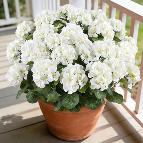 Artificial Geraniums for Outdoors, 6PCS Fake Silk White Flowers