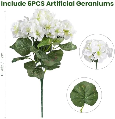 Artificial Geraniums for Outdoors, 6PCS Fake Silk White Flowers, alternate view 2
