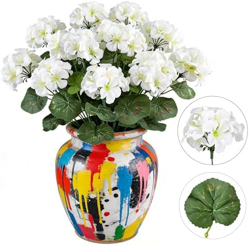Artificial Geraniums for Outdoors, 6PCS Fake Silk White Flowers, alternate view 3