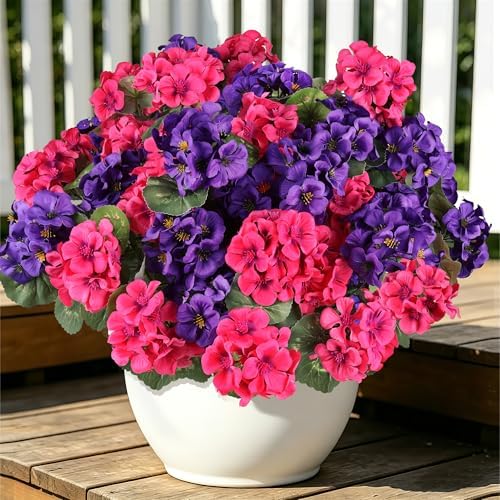 Artificial Geraniums for Outdoors UV Resistant Spring Decor in Fuchsia Puple