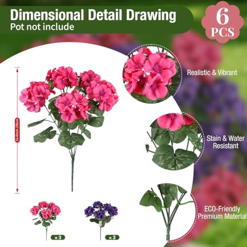 Artificial Geraniums for Outdoors UV Resistant Spring Decor in Fuchsia Puple, alternate view 2