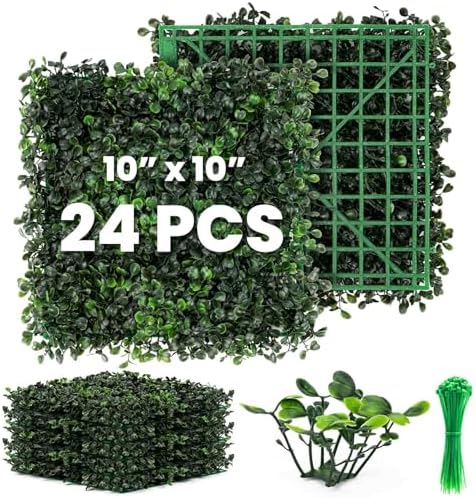 Artificial Grass Wall Panel - 24 Pack 10"x10" Boxwood Panels for Greenery Wall Decor Faux Greenery Outdoor