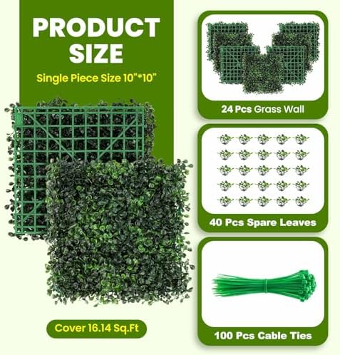 Artificial Grass Wall Panel - 24 Pack 10"x10" Boxwood Panels for Greenery Wall Decor Faux Greenery Outdoor, alternate view 2