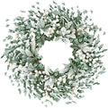Artificial Greenery Leaves Wreath for Front Door 22 Inch Greenery Boxwood Wreath with Flocked Lambs Ear White