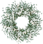 Artificial Greenery Leaves Wreath for Front Door 22 Inch Greenery Boxwood Wreath with Flocked Lambs Ear White