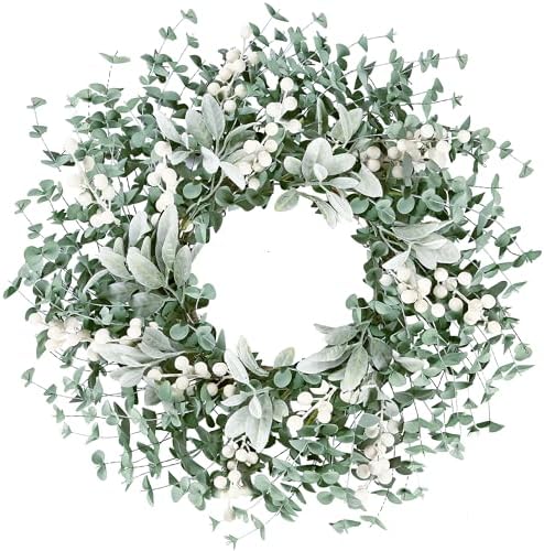 Artificial Greenery Leaves Wreath for Front Door 22 Inch Greenery Boxwood Wreath with Flocked Lambs Ear White