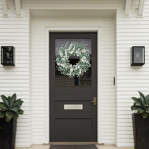 Artificial Greenery Leaves Wreath for Front Door 22 Inch Greenery Boxwood Wreath with Flocked Lambs Ear White, alternate view