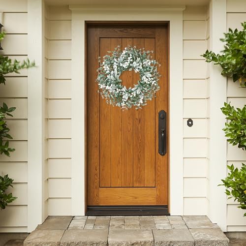 Artificial Greenery Leaves Wreath for Front Door 22 Inch Greenery Boxwood Wreath with Flocked Lambs Ear White, alternate view