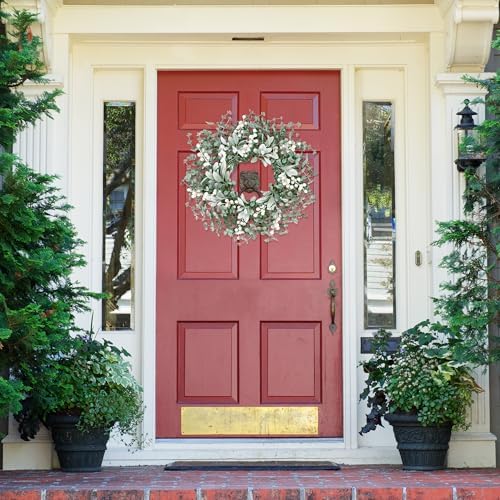 Artificial Greenery Leaves Wreath for Front Door 22 Inch Greenery Boxwood Wreath with Flocked Lambs Ear White, alternate view