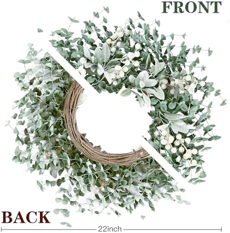 Artificial Greenery Leaves Wreath for Front Door 22 Inch Greenery Boxwood Wreath with Flocked Lambs Ear White, alternate view