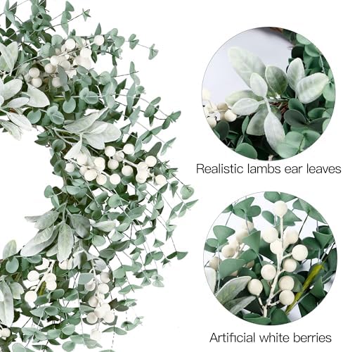 Artificial Greenery Leaves Wreath for Front Door 22 Inch Greenery Boxwood Wreath with Flocked Lambs Ear White, alternate view