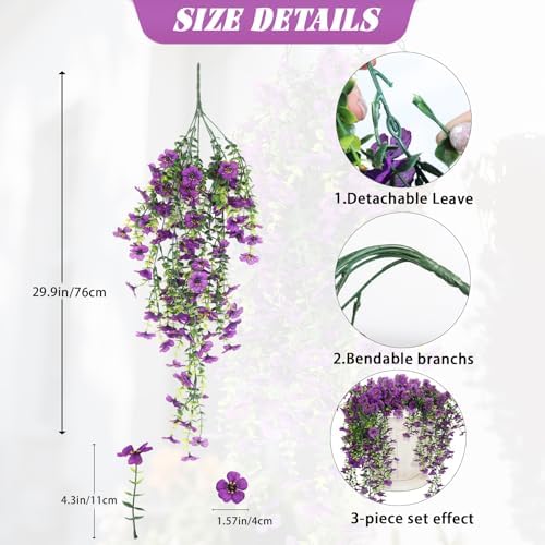 Artificial Hanging Flowers for Outdoors 3 Pack Eucalyptus Leaves in Hang Dark Purple, alternate view 3