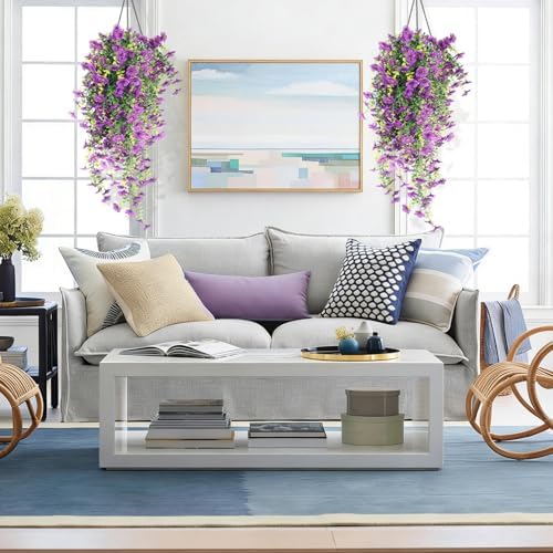 Artificial Hanging Flowers for Outdoors 3 Pack Eucalyptus Leaves in Hang Dark Purple, alternate view 7