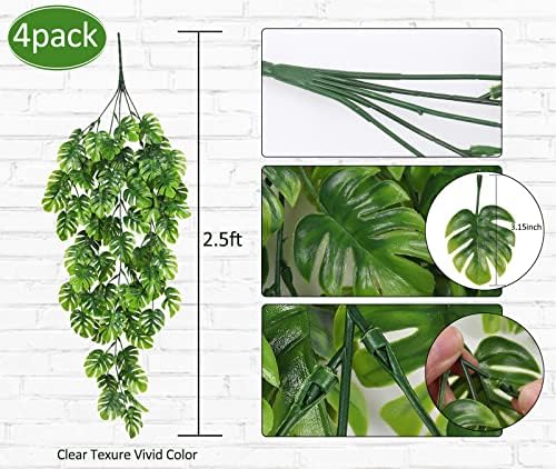 Artificial Hanging Plants 4Pc 30in Plastic Monstera Leaves Garland, alternate view 4