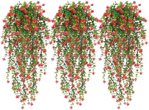 Artificial Hanging Plants Faux Hanging Vine Red Flowers Fake Plants