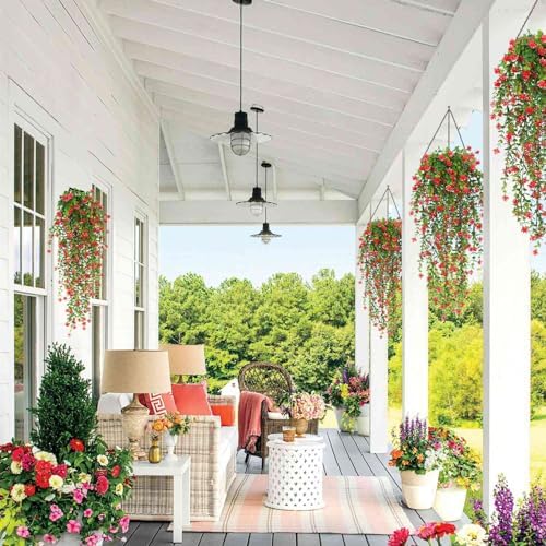 Artificial Hanging Plants Faux Hanging Vine Red Flowers Fake Plants, alternate view 6