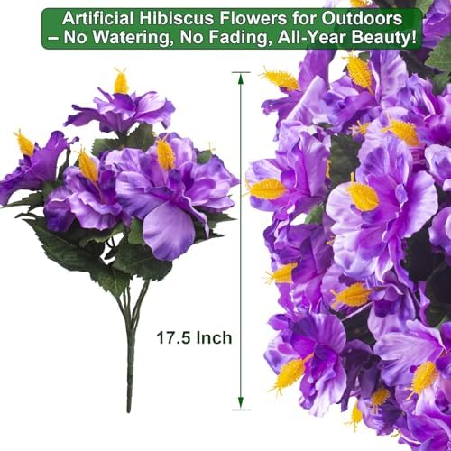 Artificial Hibiscus Flowers 5 Bundles, UV Resistant Fake Tropical Flowers Realistic Silk Blooms for Outdoor, alternate view 3