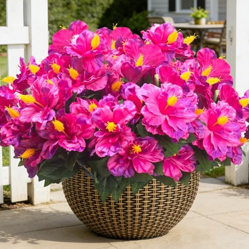 Artificial Hibiscus Flowers for Outdoors, Silk Tropical Flowers, UV Resistant Faux Plants, 5 Bundles for Planter
