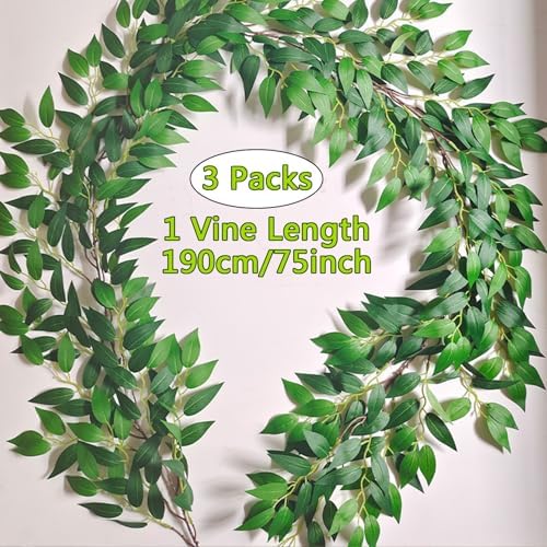 Artificial Italian Ruscus Vines, 3Pcs/75 Silk Vine Garland with Green Leaves, Fake Hanging Plants Greenery Decor, alternate