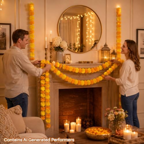 Artificial Marigold Garland - Light Yellow Orange Garlands Decor, alternate view 2
