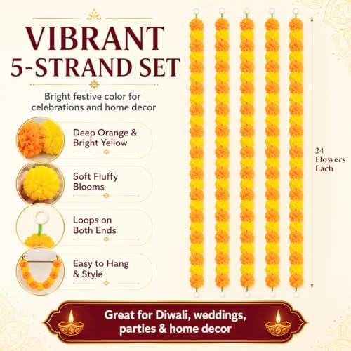 Artificial Marigold Garland - Light Yellow Orange Garlands Decor, alternate view 3
