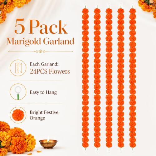 Artificial Marigold Garland - Orange Red Garlands for Decoration, alternate view 2